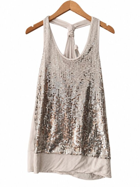 My Wish List Tops - My Wish List Silver Sequin White Scoop Neck Knotted Racerback Long Y2K Top  L